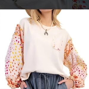 Easel Cream Top with Colorful Patterned Sleeves